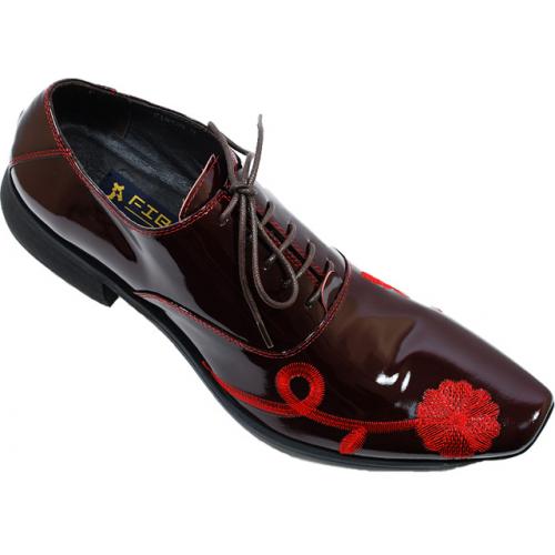Fiesso Red Wine Patent Leather Shoes With Embroidered Floral Design FI8428